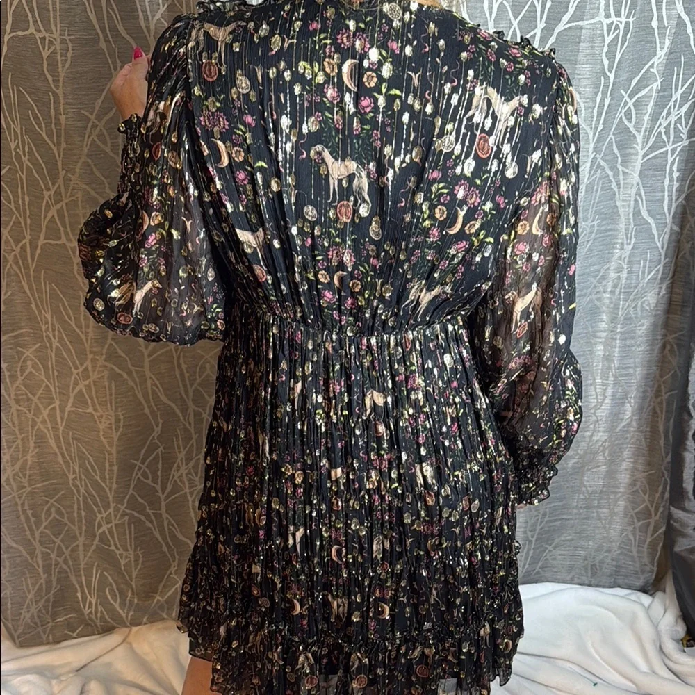 Sandro Paris Pleated Hound Print Metallic Dress 38/6